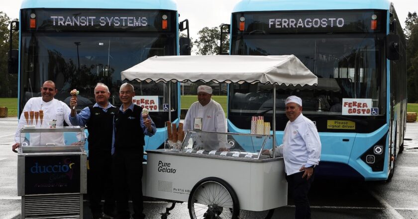 Transit Systems Ferragosto shuttle buses with gelato vendors and staff celebrating the 2025 festival, highlighting the record success of Ferragosto shuttle buses.