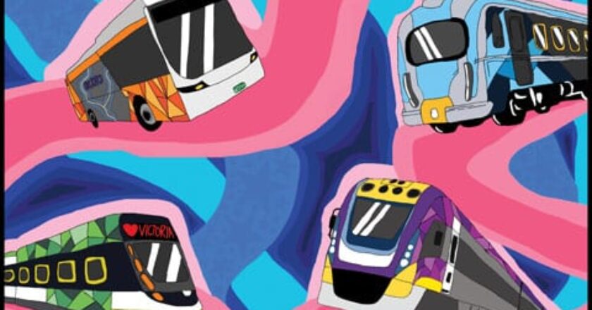 Winning youth myki card design by 11-year-old Charlie Bindokas, featuring colourful illustrations of a bus, tram, Metro train and V/Line train.